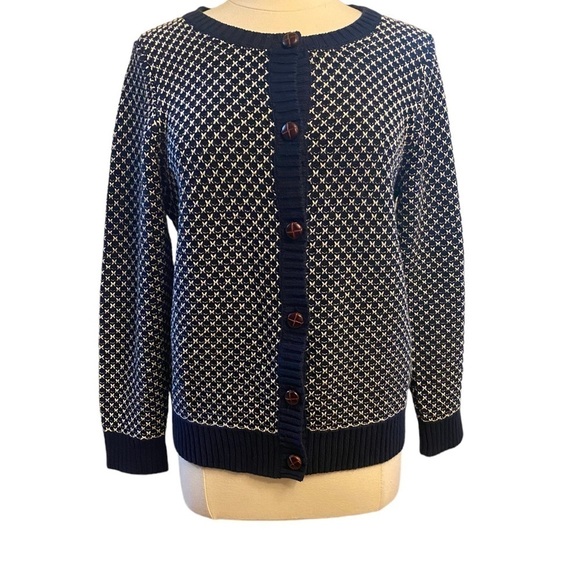 L.L Bean Faux leather button cardigan navy/white ladies large petite 100% cotton - Picture 2 of 12